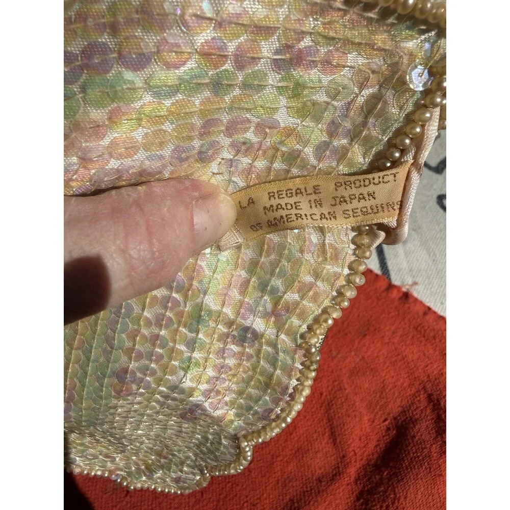 Vintage La Regale Iridescent Sequin Clutch Pearl Beaded Evening Bag Japan
